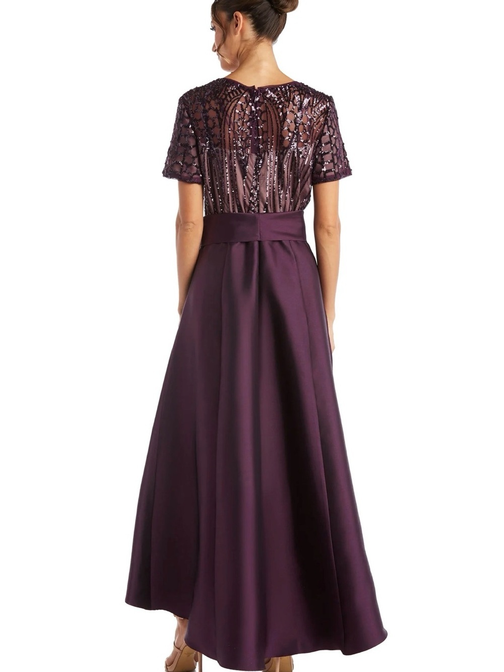Marina Plum Sequin Bodice High-Low Gown with Bow and Pockets - Picture 3 of 6